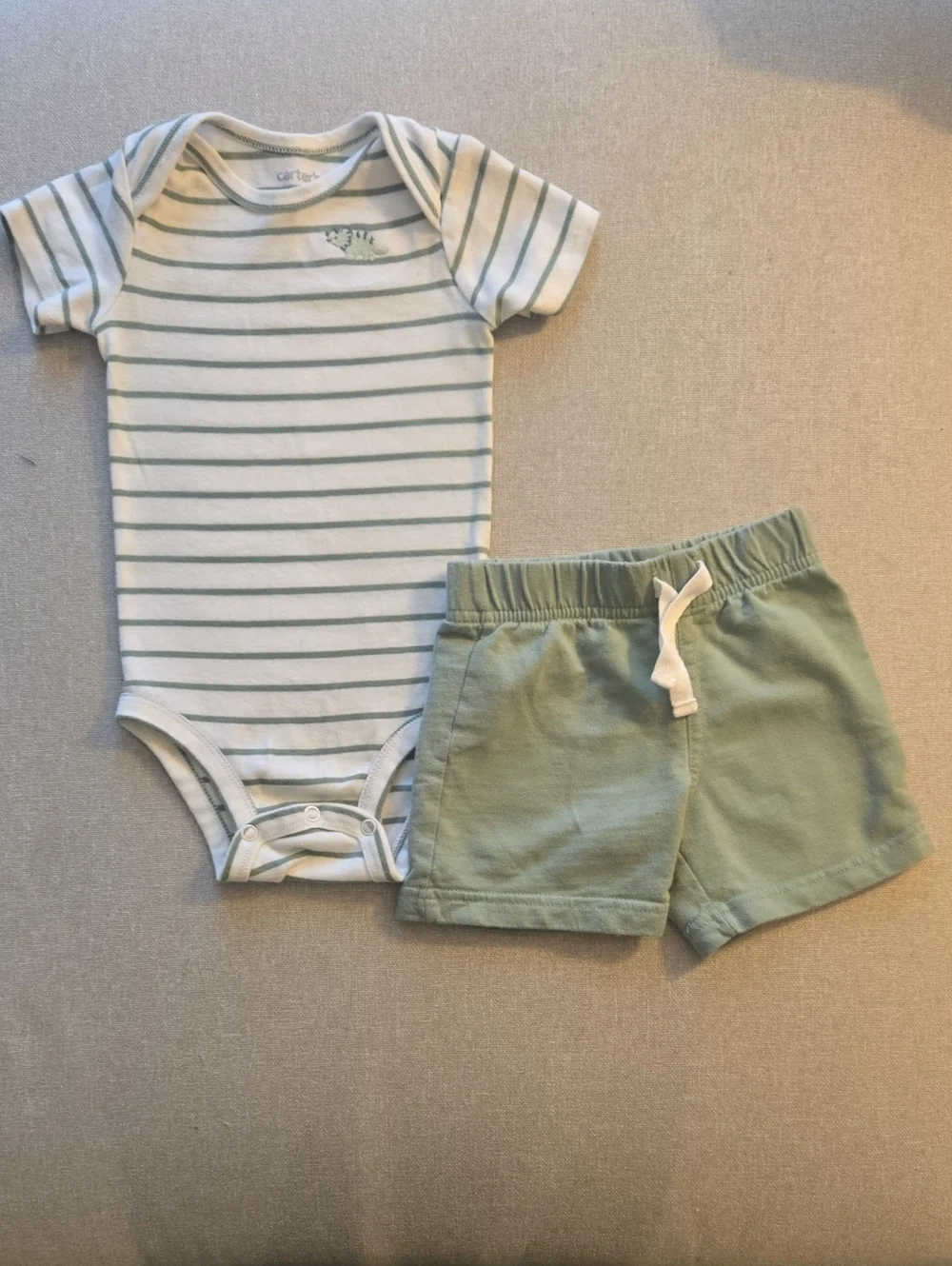 Carter's White & Sage Green Striped Bodysuit with Sage Shorts
